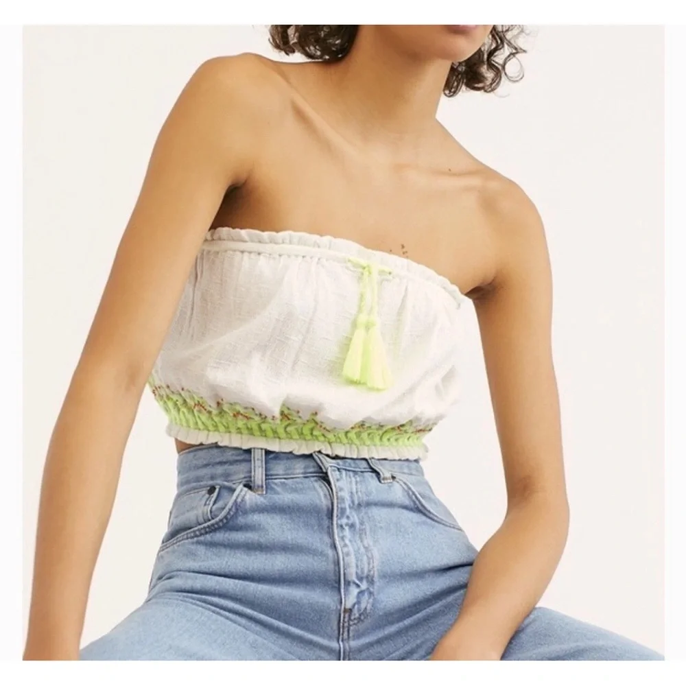 Free People Ivory Top with Neon Green Details